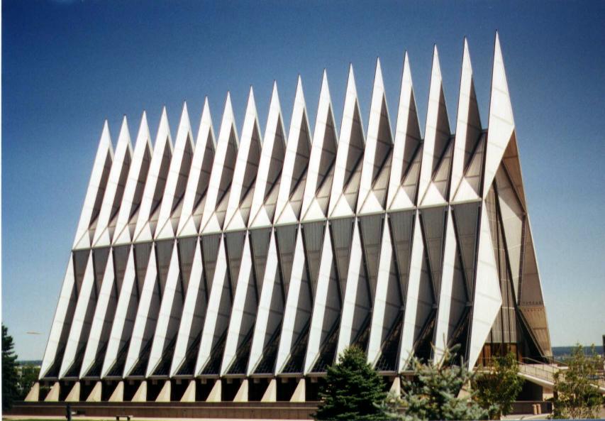 Air Force Academy Chapel:
A very cool building.  I wonder if they'd allow it to be built today?
