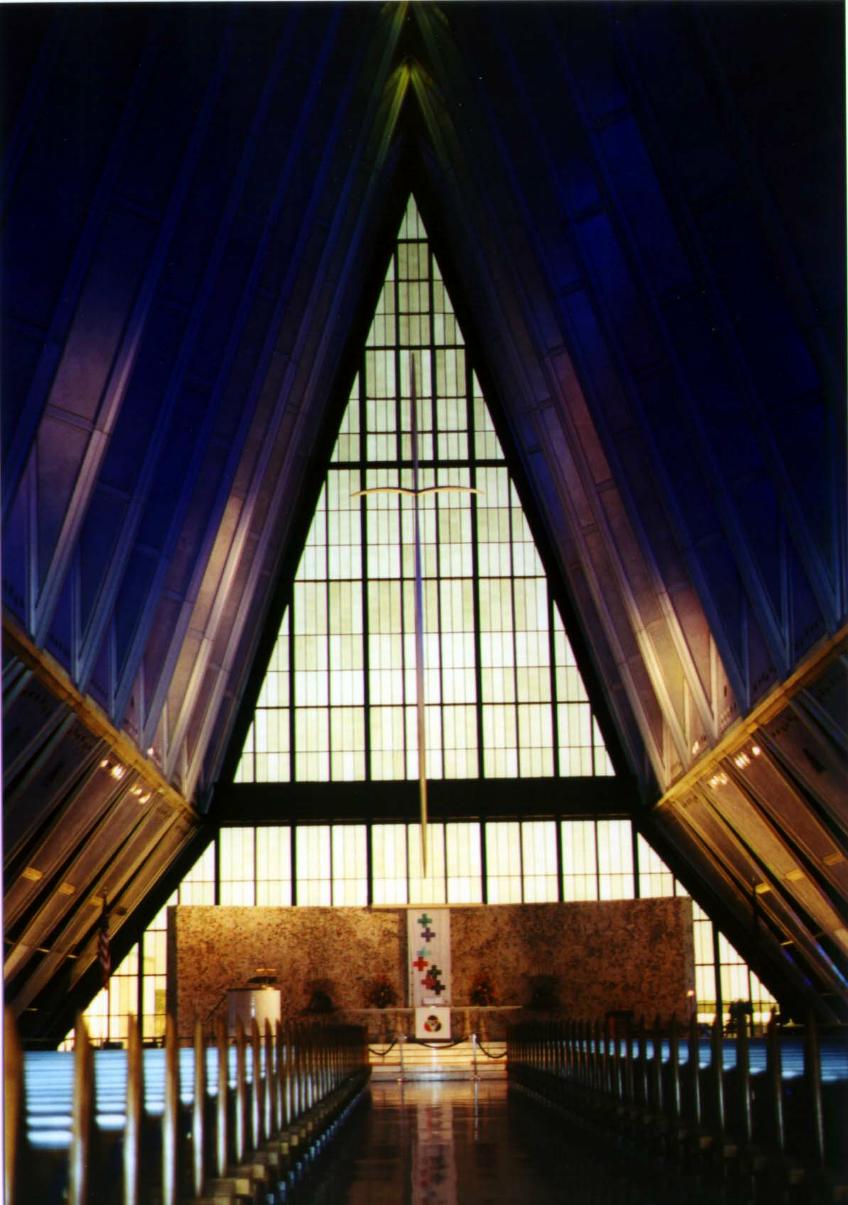 Air Force Academy Chapel:
We were pretty happy how this picture turned out.  The original (of which this is a scan) turned out beautifully, and we had it framed and is still hanging up in our house.
