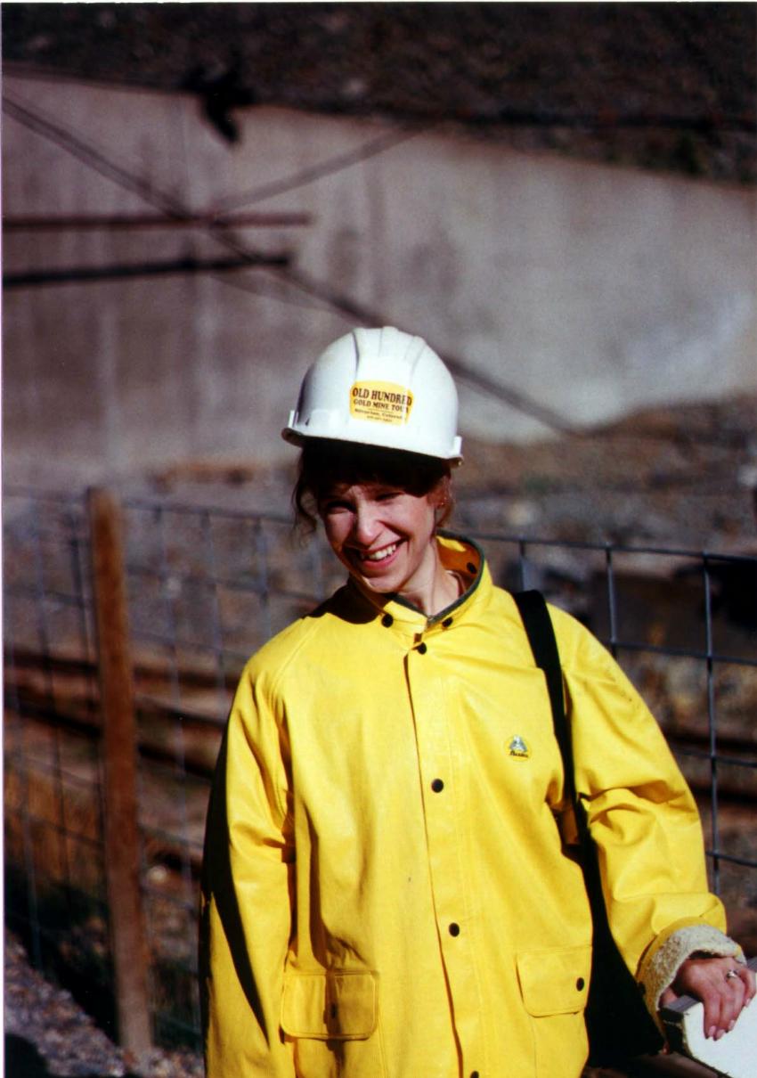Cathy at Old Hundred
This is at the Old Hundred Gold Mine in Silverton, CO, where they make you wear hard hats and raincoats.
