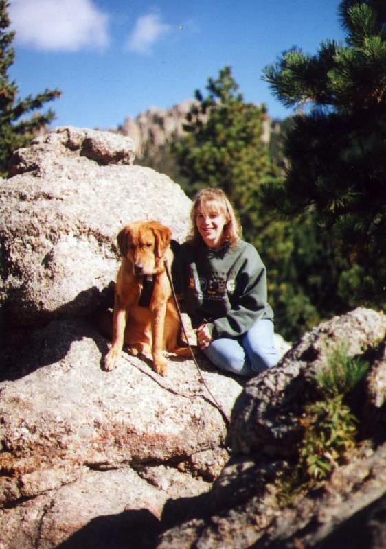 Needles Highway
One of our favorite areas of Custer State Park is the Needles Highway.  There are so many scenic views and overlooks.  Here, Cathy poses on a rock outcropping with Bailey.
