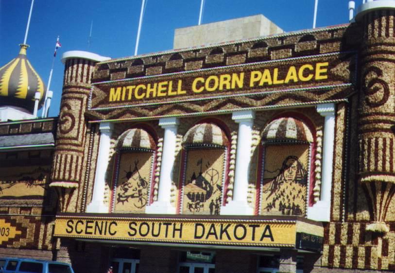 Mitchell Corn Palace
On the long drive through South Dakota, it's nice to make an occasional stop.  One nice place to make such a stop is the Mitchell Corn Palace.  Every year the folks in Mitchell spend more than $100,000 to decorate this building with grains, and half-ears of corn.  And every year, the designs are a different theme--they have a large gallery of pictures inside showing decades worth of previous designs.  And you thought Iowans loved their corn!

