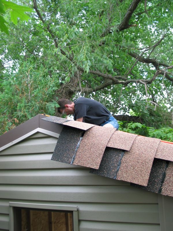 Working on the Roof
Since the siding was complete, we could move the garage to its final position (since it has bushes on  sides, it would have been hard to side in place.  Here Tim works on the shingles.
