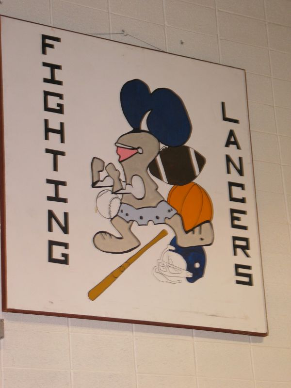 Fighting Lancers
This Fighting Lancers banner has hung in the gym for decades.  The Lancers mascot stopped being used for high school sports in 1988, and was retired completely in 2007.
