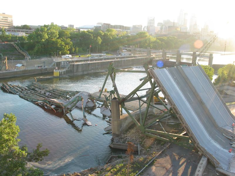 Bridge Collapse
View from the north end of the 10th Avenue Bridge.  Downtown Minneapolis is in the rightmost background.
