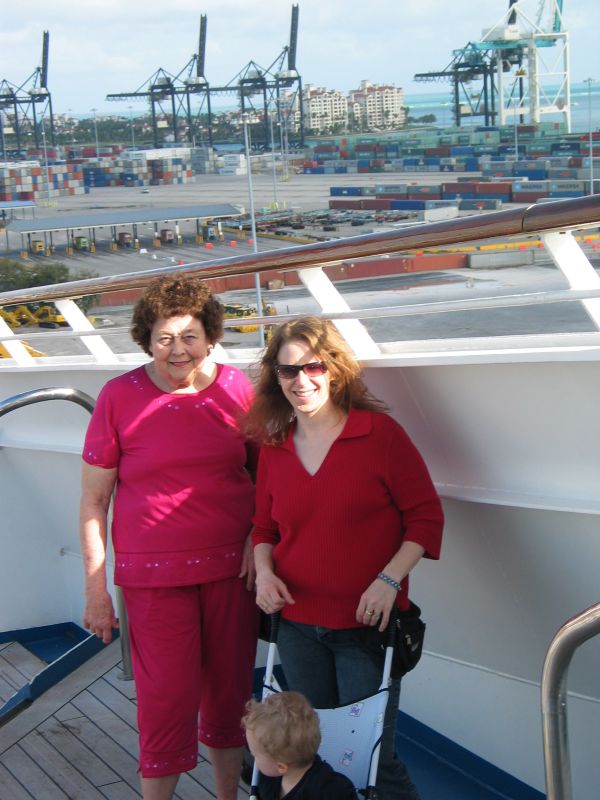 Bon Voyage!
After seemingly hours going through several lines to get registered, we finally made it on the ship.  We quickly headed up to the deck to get some food.  Cathy and Grandma pose for this picture.
