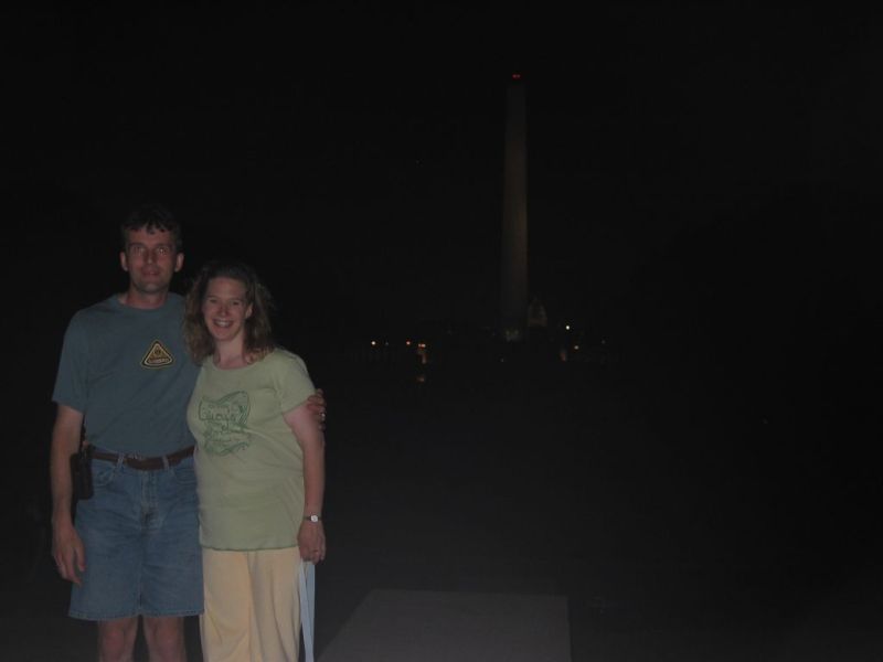Not-so-great Picture
We tried to get a picture of us with the Washington Monument in the background, but it didn't turn out well (we put it up here anyway).  There are more views of the Washington Monument in our Landmarks gallery.
