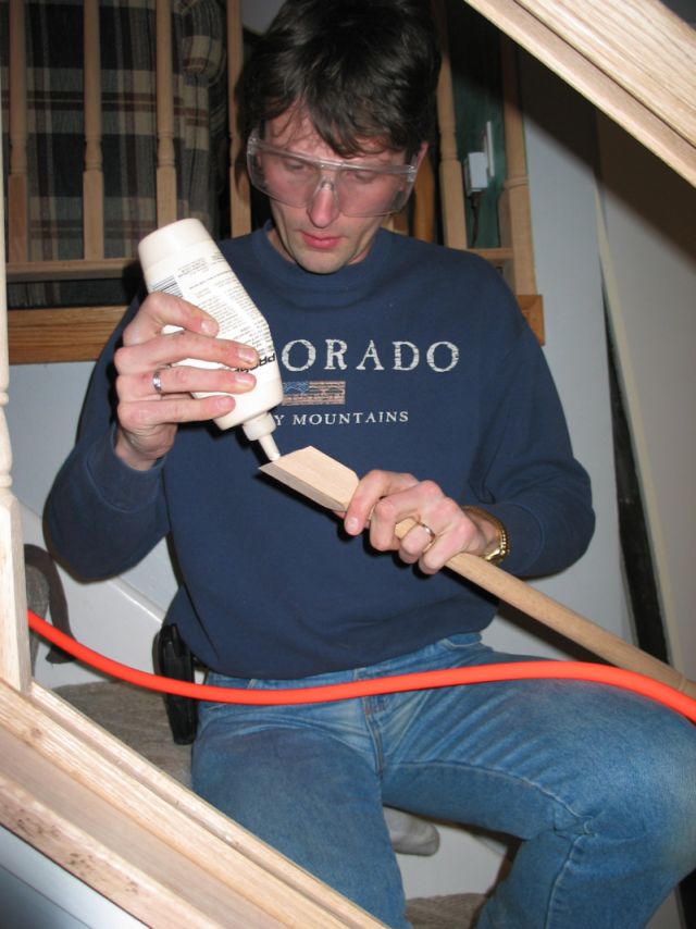 Gluing Ballusters
Each baluster was glued, then brad-nailed with a pneumatic nailer. 
