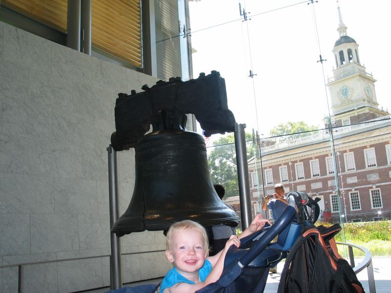 Andrew with Liberty Bell
Andrew was particularly cranky that morning.  Not his fault-- he rarely got good afternoon naps during the entire vacation, and was often up way past his bedtime.  Overall he was a trooper.  But he was cranky by the Liberty Bell and we had a hard time getting a good picture of him, but here it is.  Not bad, considering...

