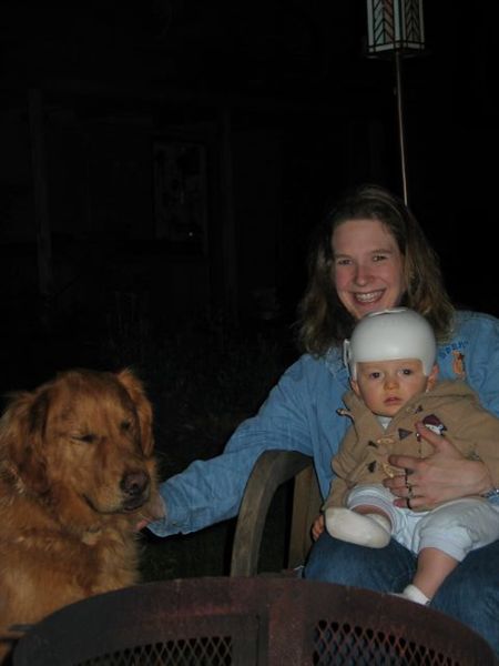 Hanging outside with Bailey
Cathy, Bailey, and William (in his Cranio-Cap) hangs outside by the fire pit 
