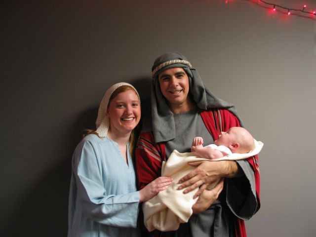 Baby Jesus
At the age of not quite three months, William starred as Baby Jesus in the nativity portion our church's production of "It's a Wonderful Life".  Here he poses with Mary and Joseph.  A week or so later he played the same role for the Sunday School kids, with Tim and Cathy as Mary and Joseph.
