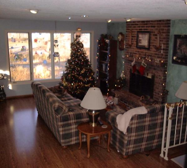 Living Room at Christmas
Here is a similar picture of the living room.  You can see our wood floors here.  The Christmas tree was a gift from our realtor for doing business with them.  The almond-colored railing in the foreground, and in the picture above, has been replaced with an oak railing.
