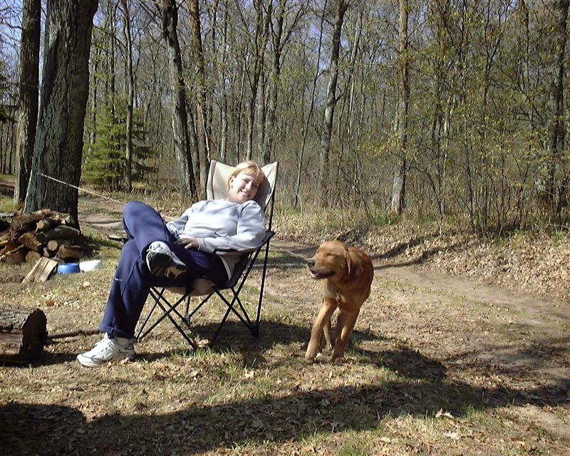 Amy W. and Bailey
This was a notable camping trip for us as this was our first time camping with Bailey, our Golden Retriever.  He did wonderful, even though he's used to being an indoor dog.  He really got a lot of attention from everyone in the group, and behaved very well for a not-quite-6-month-old pup.  
Keywords: BAILEY_STARLAKE