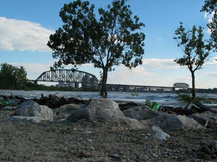 Falls of the Ohio
We also stopped by the Falls of the Ohio, which is supposed to be a large, exposed fossil area, but we didn't get to see this because it was all underwater!  Turns out the area had been flooding all summer (quite unlike Minnesota which was bone dry during the same period).  We still got to walk along the overflowing river, and take some great pictures of the falls and surrounding area.
