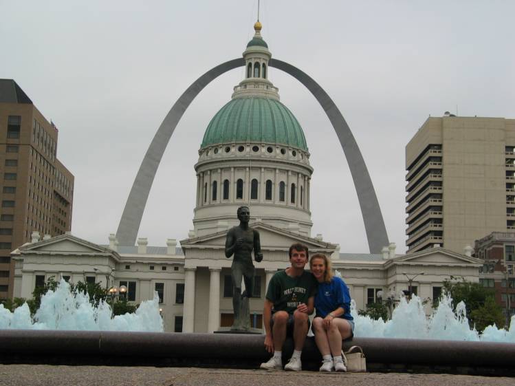 Posing near the Arch
We were thrilled the way this picture turned out.  Our new digital camera has  "remote" feature, and we improvised a "tripod" out of some objects we were carrying.  

