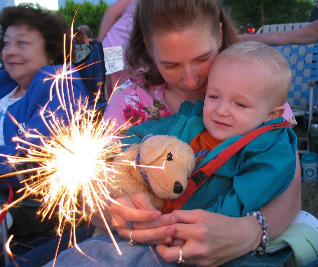 Sparkler
This is perhaps William's first sparkler.  Keeping his faithful puppy (his first stuffed animal, given at the hospital right after his birth by Grandma) close by, he carefully looks on.
